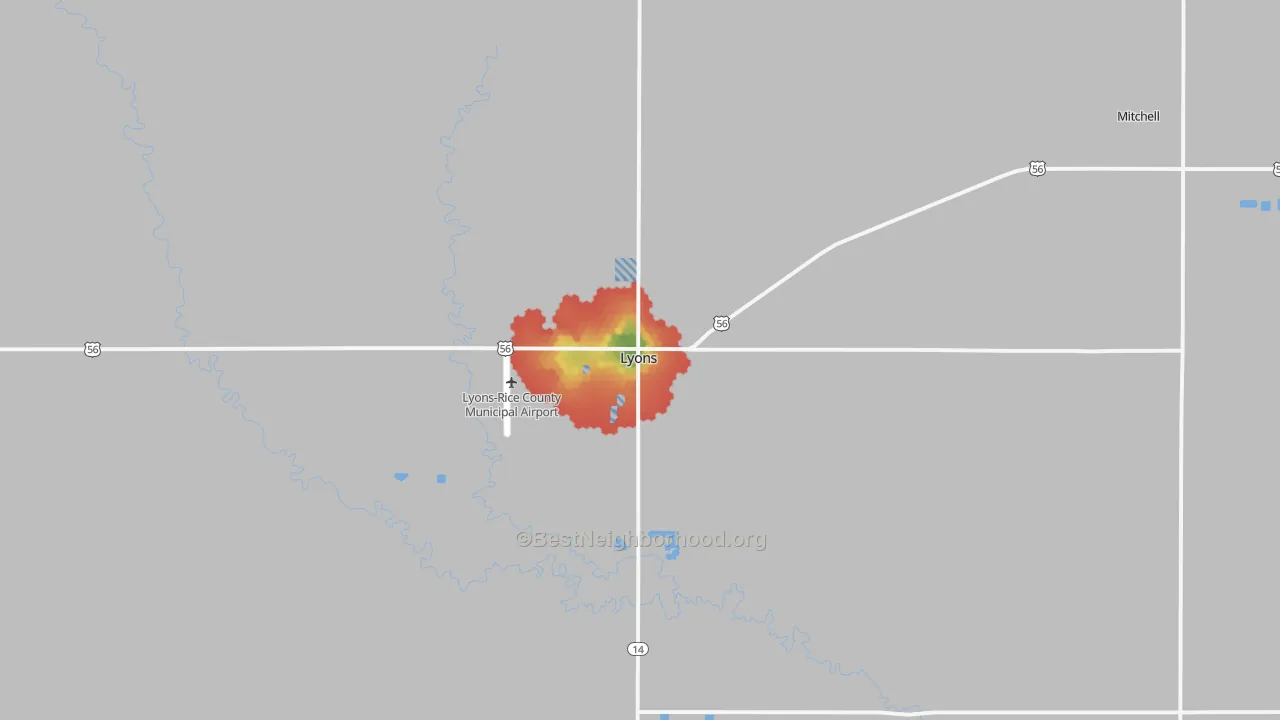 Walk Grade map of 67554, KS, walkable areas in green and car-dependent areas in red