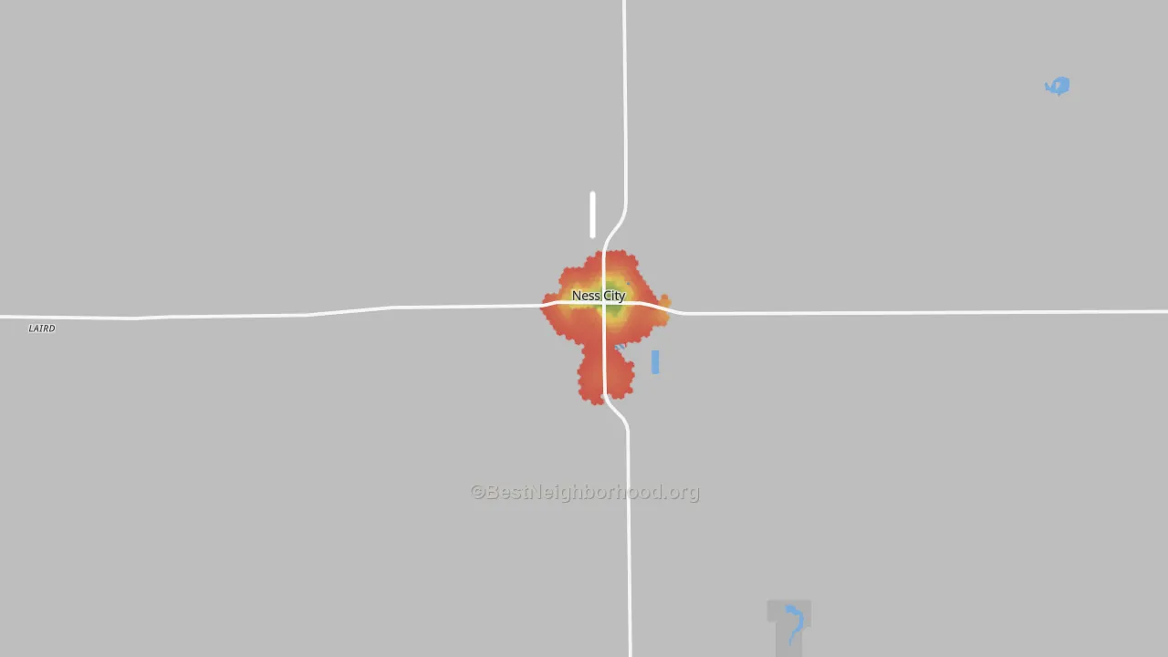 Walk Grade map of 67560, KS, walkable areas in green and car-dependent areas in red