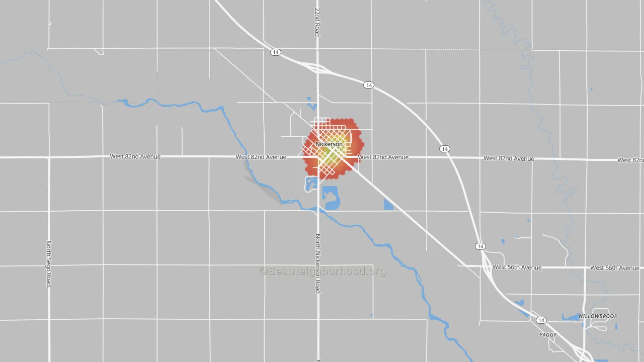 Walk Grade map of 67561, KS, walkable areas in green and car-dependent areas in red