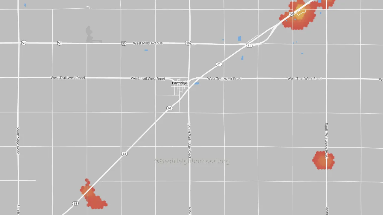 Walk Grade map of 67566, KS, walkable areas in green and car-dependent areas in red