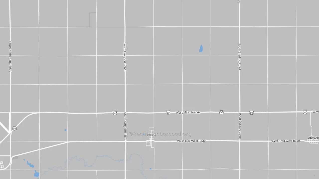 Walk Grade map of 67568, KS, walkable areas in green and car-dependent areas in red