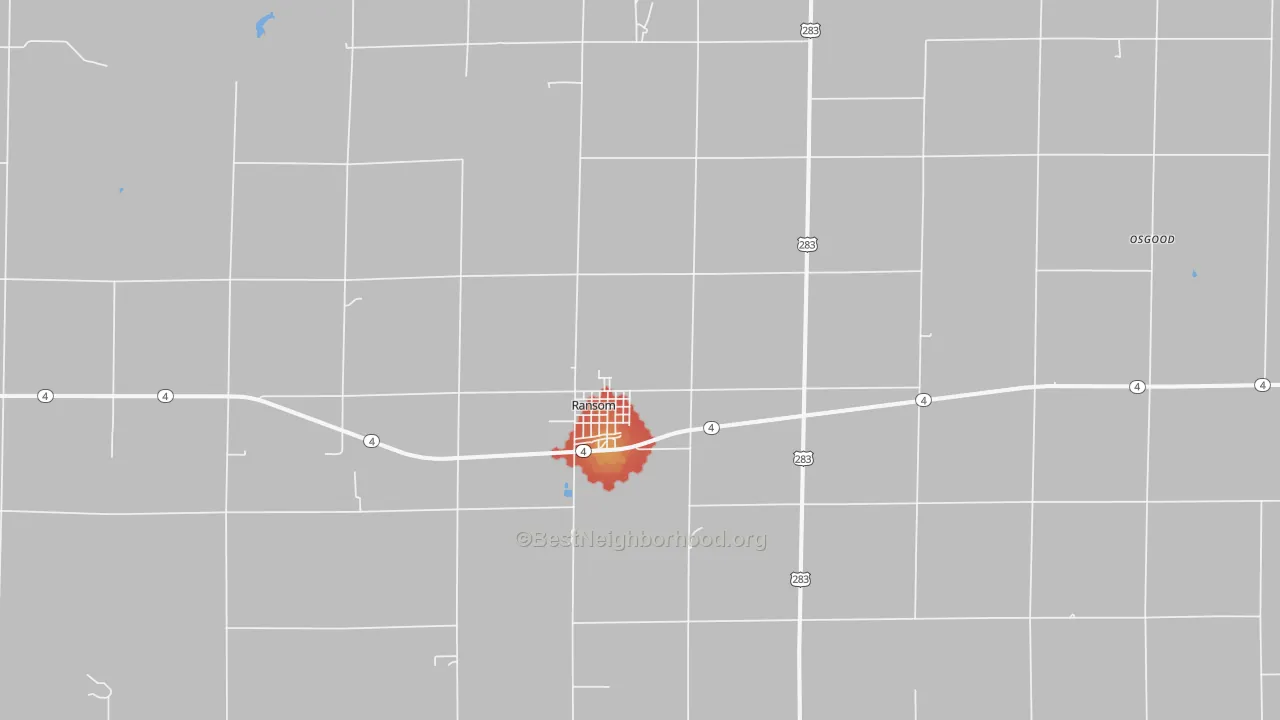 Walk Grade map of 67572, KS, walkable areas in green and car-dependent areas in red