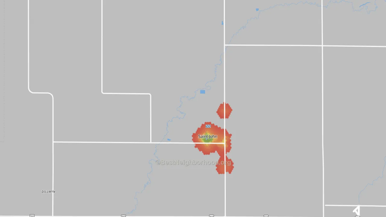 Walk Grade map of 67576, KS, walkable areas in green and car-dependent areas in red