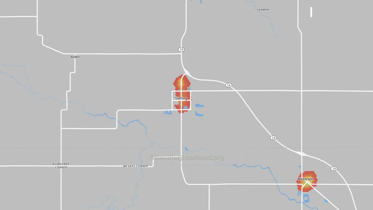 Walk Grade map of 67579, KS, walkable areas in green and car-dependent areas in red