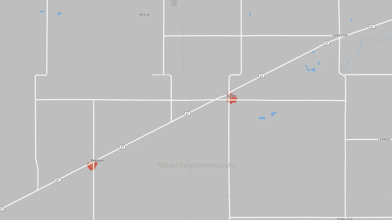 Walk Grade map of 67583, KS, walkable areas in green and car-dependent areas in red