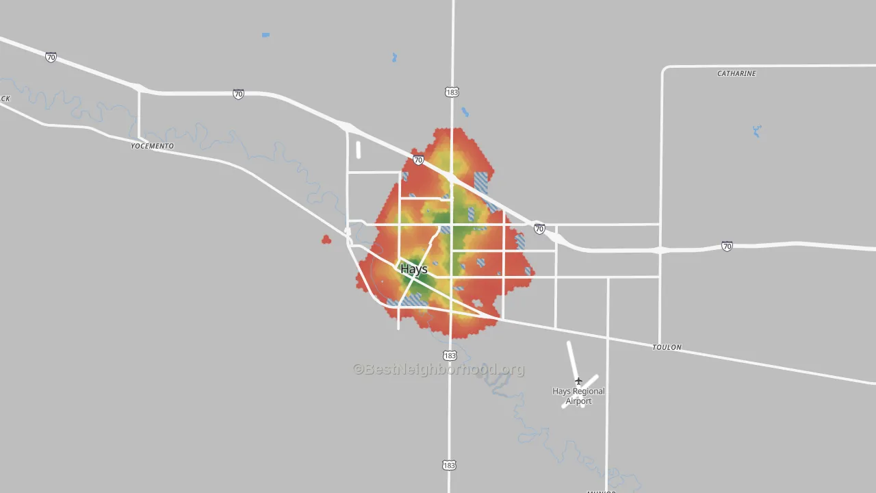 Walk Grade map of 67601, KS, walkable areas in green and car-dependent areas in red