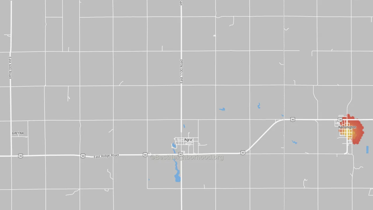 Walk Grade map of 67621, KS, walkable areas in green and car-dependent areas in red
