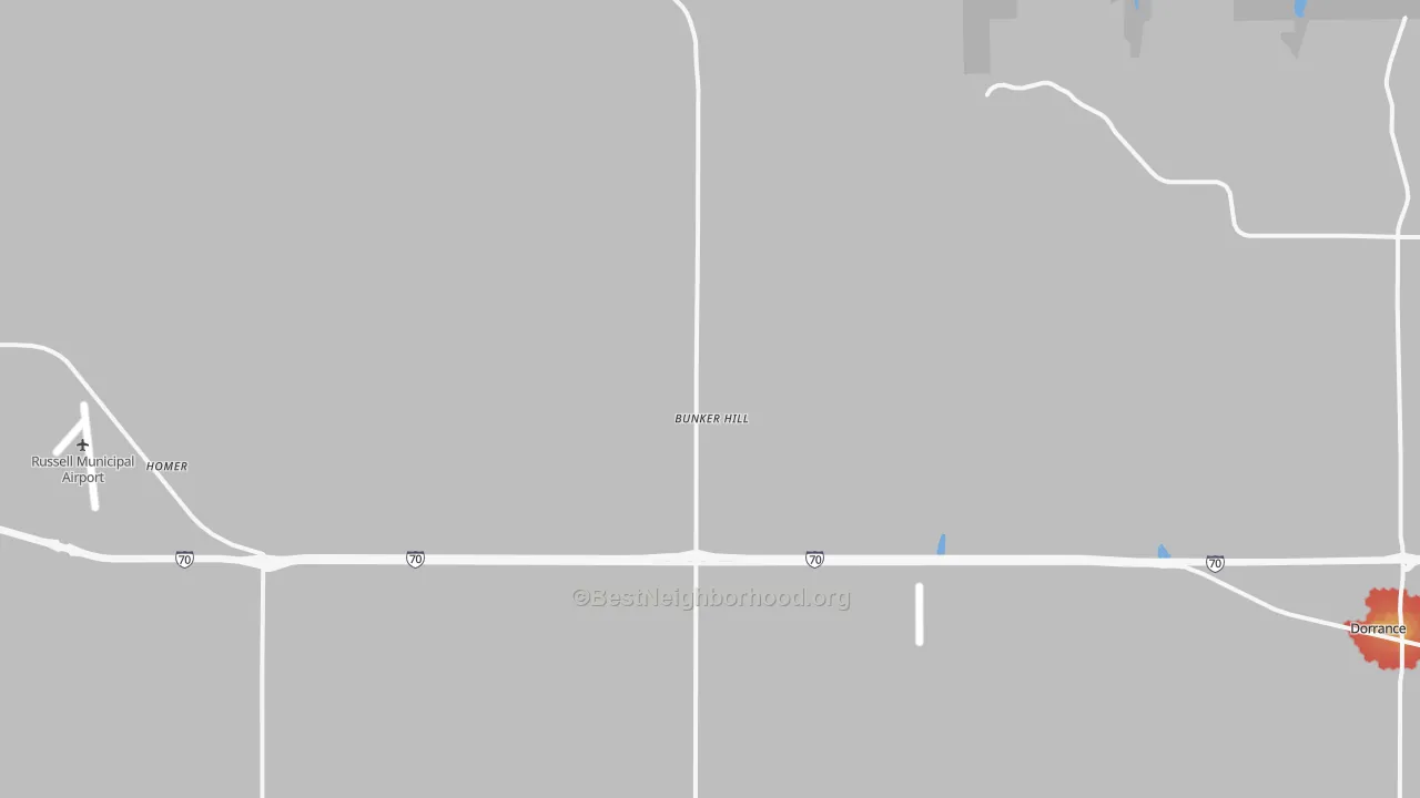 Walk Grade map of 67626, KS, walkable areas in green and car-dependent areas in red