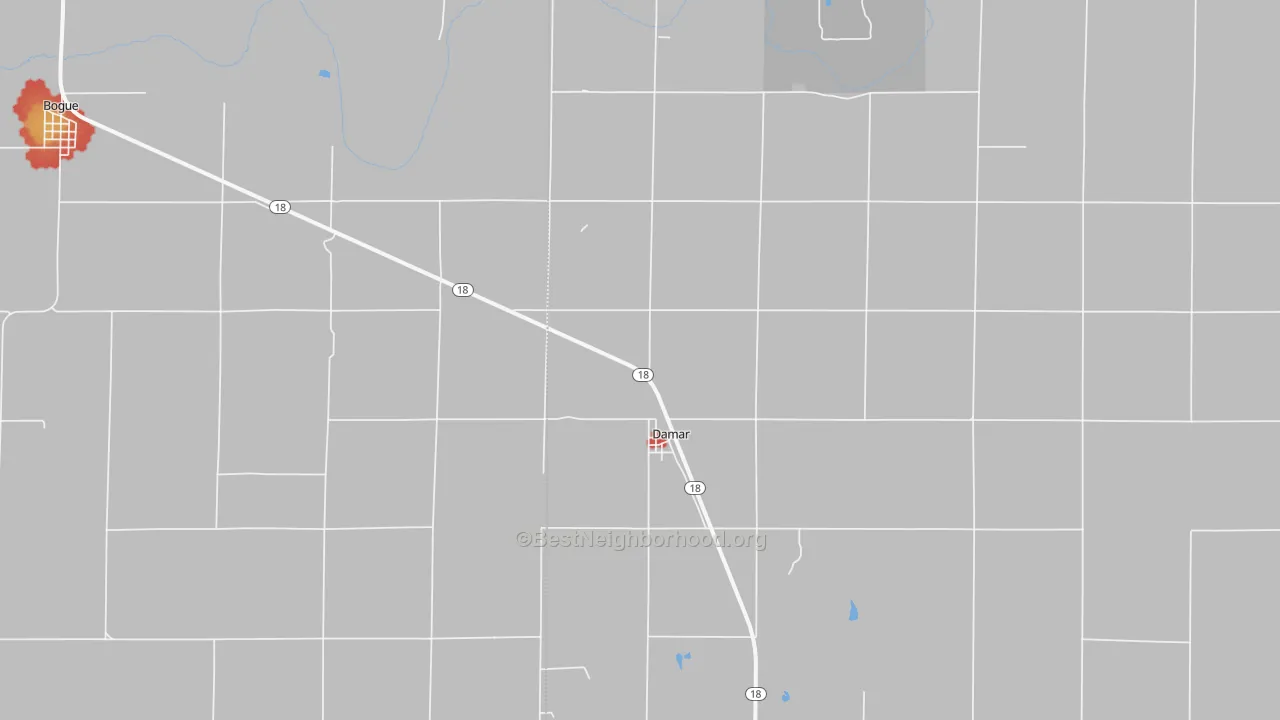Walk Grade map of 67632, KS, walkable areas in green and car-dependent areas in red