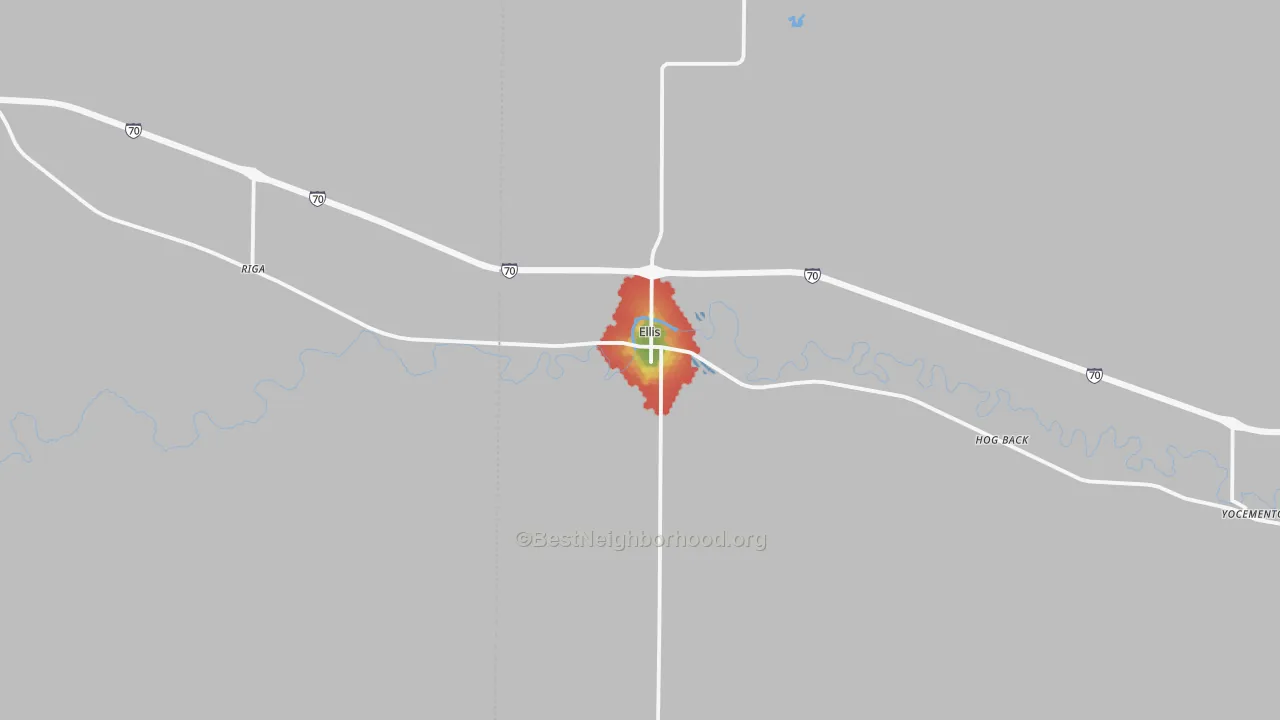Walk Grade map of 67637, KS, walkable areas in green and car-dependent areas in red