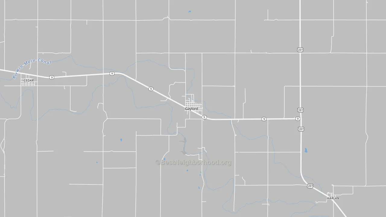 Walk Grade map of 67638, KS, walkable areas in green and car-dependent areas in red