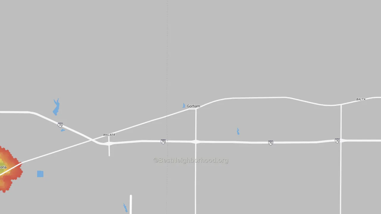 Walk Grade map of 67640, KS, walkable areas in green and car-dependent areas in red
