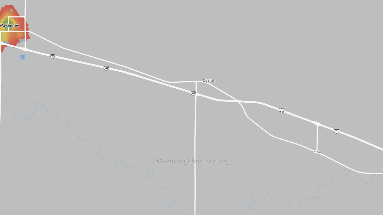 Walk Grade map of 67656, KS, walkable areas in green and car-dependent areas in red