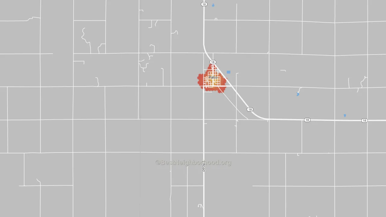 Walk Grade map of 67657, KS, walkable areas in green and car-dependent areas in red