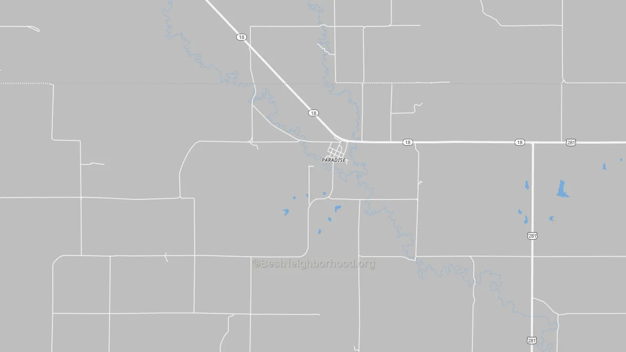 Walk Grade map of 67658, KS, walkable areas in green and car-dependent areas in red