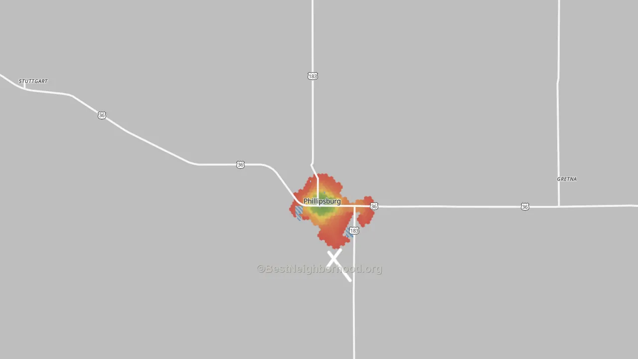 Walk Grade map of 67661, KS, walkable areas in green and car-dependent areas in red