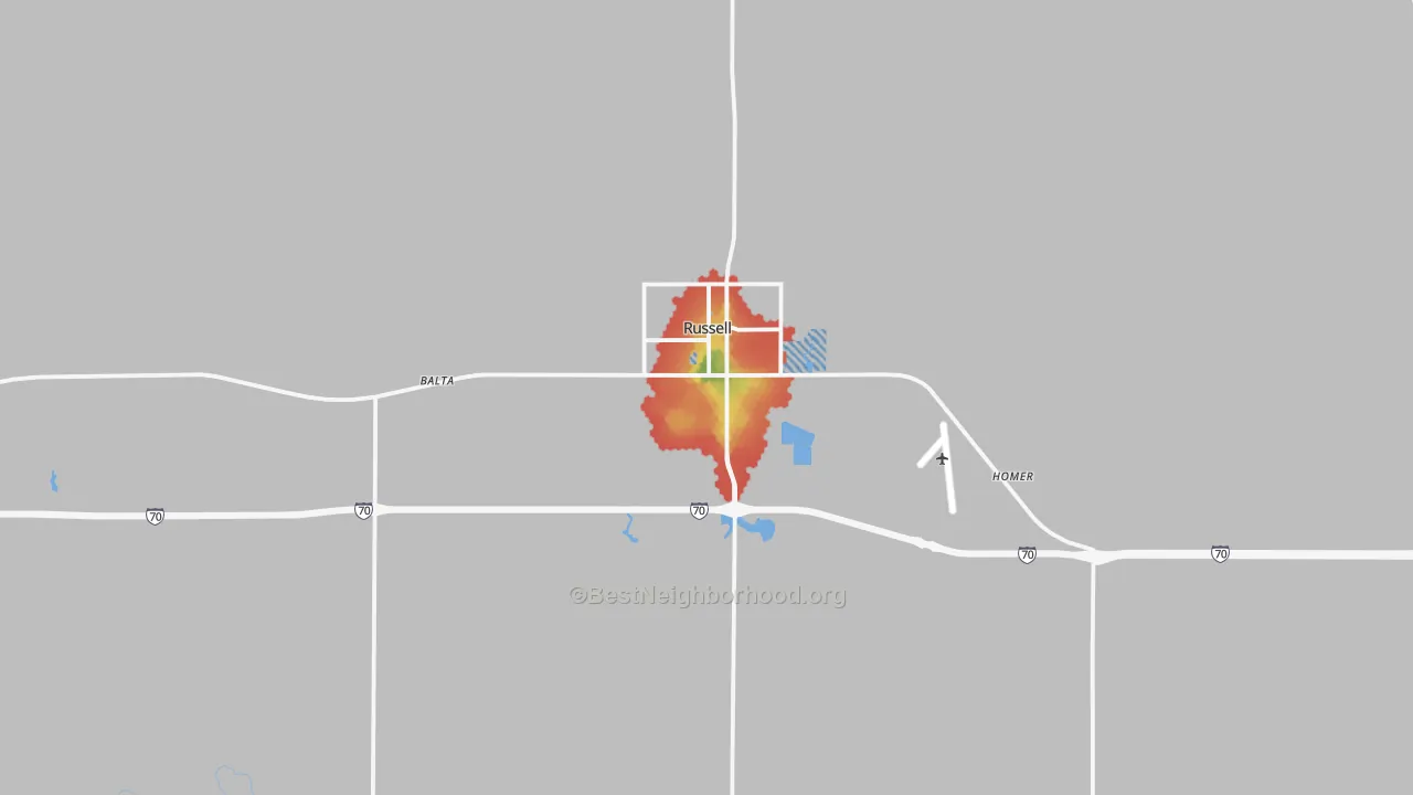 Walk Grade map of 67665, KS, walkable areas in green and car-dependent areas in red