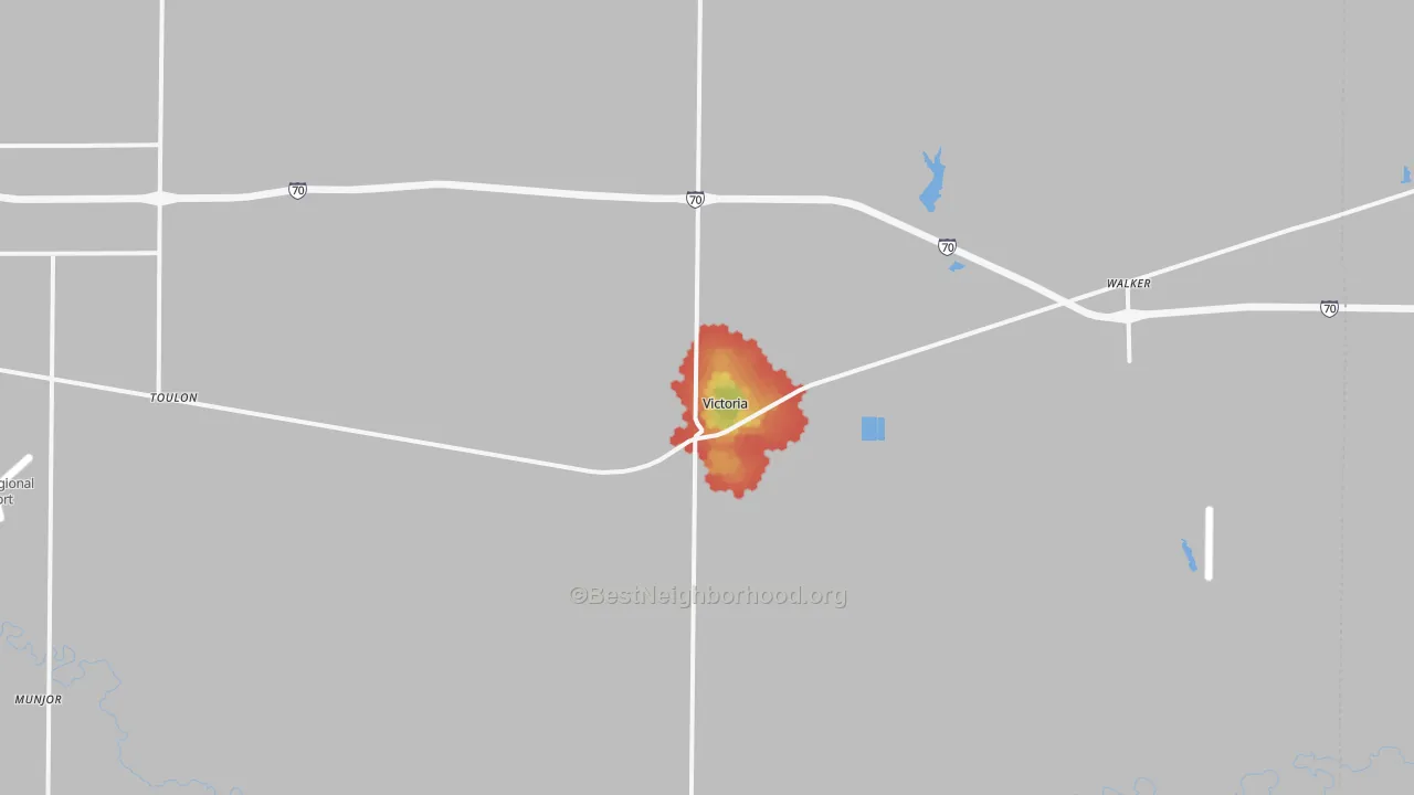 Walk Grade map of 67671, KS, walkable areas in green and car-dependent areas in red