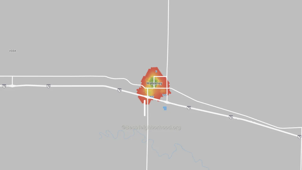 Walk Grade map of 67672, KS, walkable areas in green and car-dependent areas in red