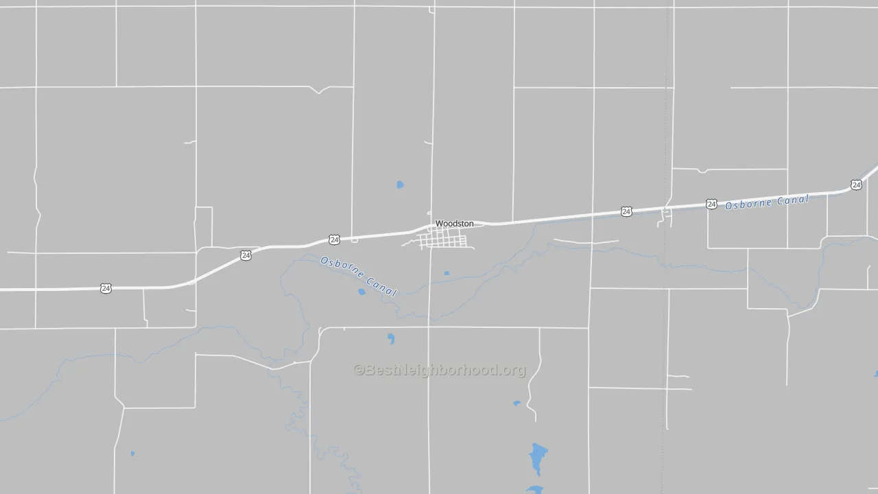 Walk Grade map of 67675, KS, walkable areas in green and car-dependent areas in red