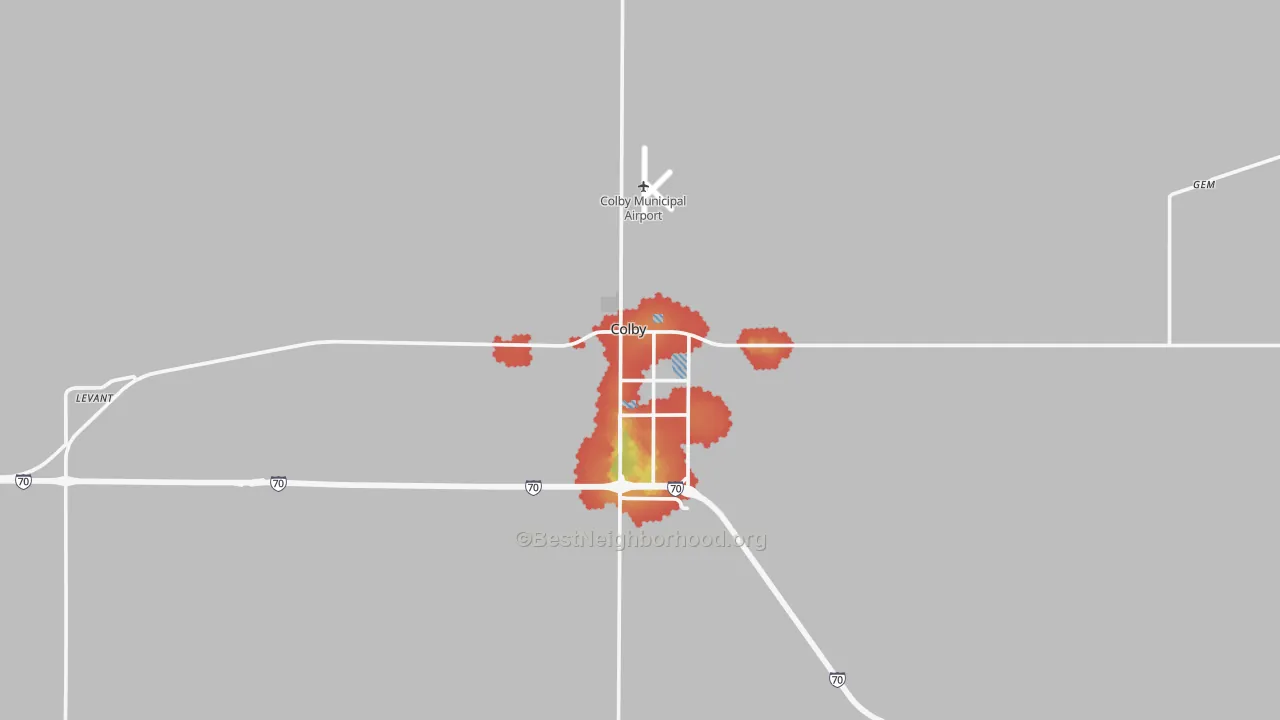 Walk Grade map of 67701, KS, walkable areas in green and car-dependent areas in red