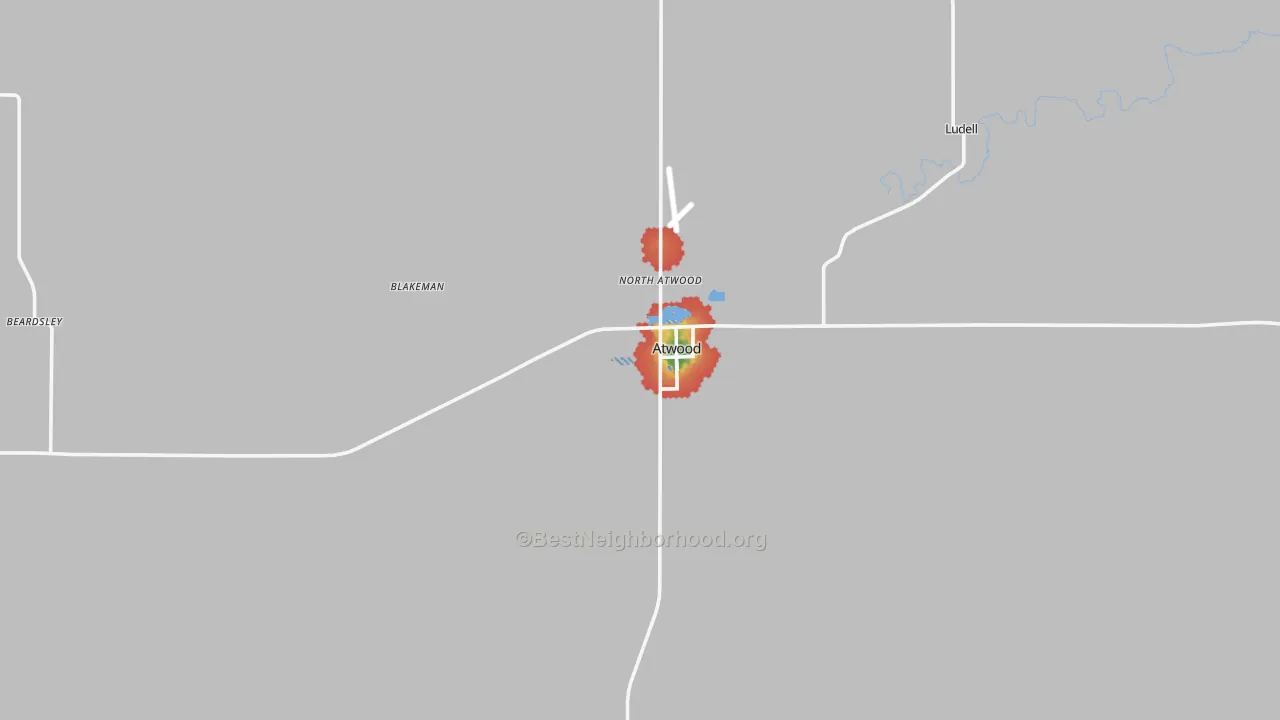 Walk Grade map of 67730, KS, walkable areas in green and car-dependent areas in red