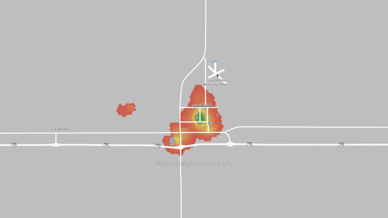 Walk Grade map of 67735, KS, walkable areas in green and car-dependent areas in red