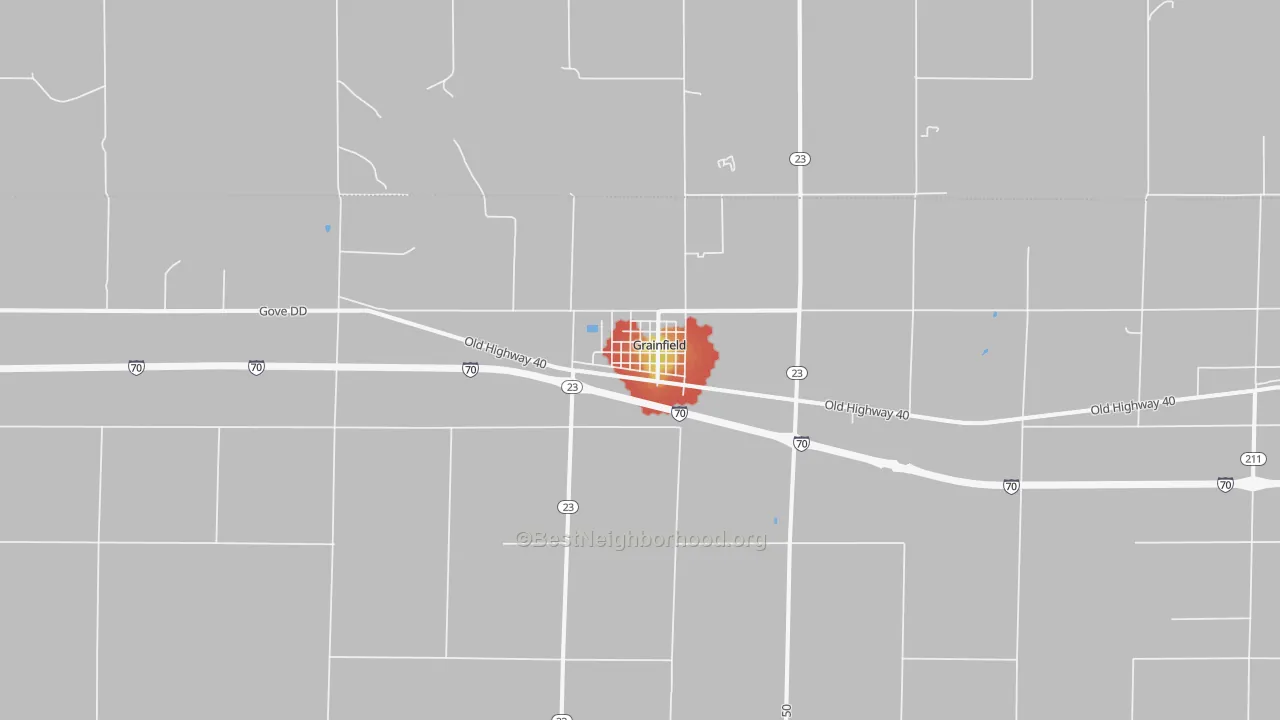 Walk Grade map of 67737, KS, walkable areas in green and car-dependent areas in red