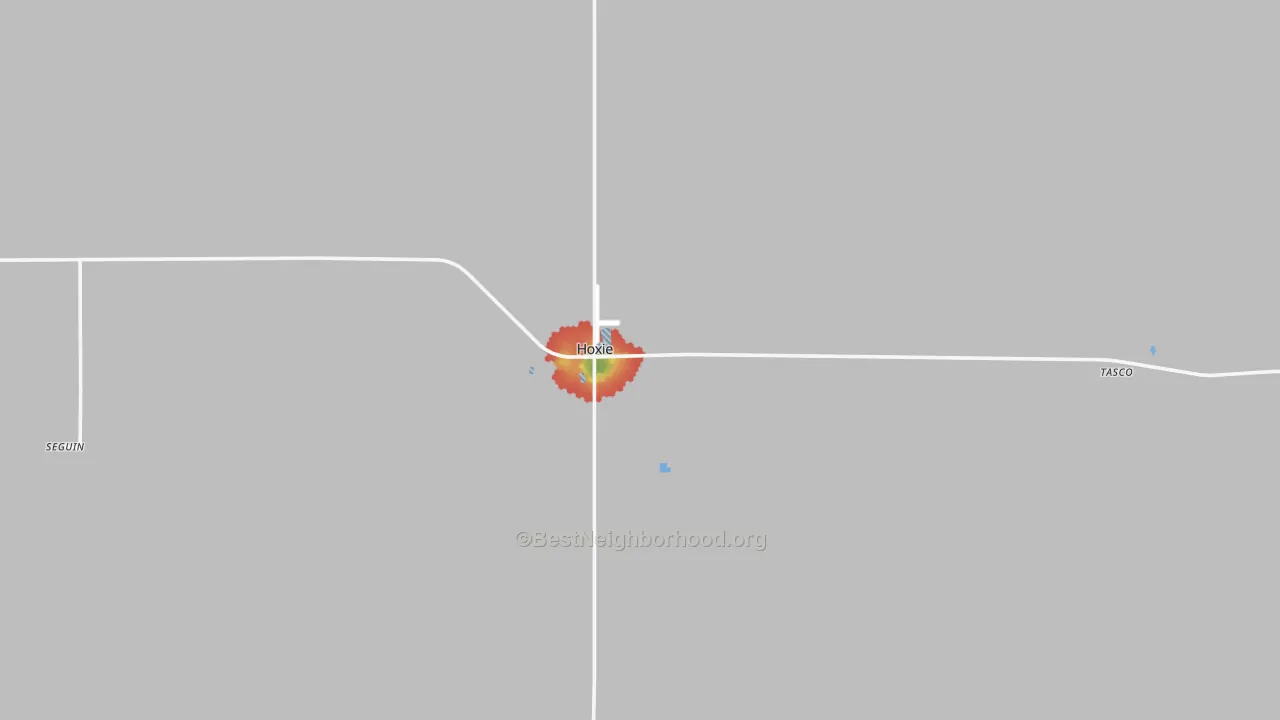 Walk Grade map of 67740, KS, walkable areas in green and car-dependent areas in red