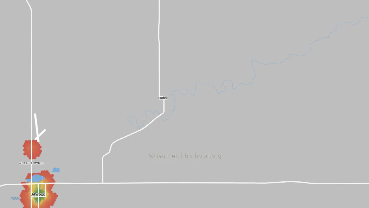 Walk Grade map of 67744, KS, walkable areas in green and car-dependent areas in red