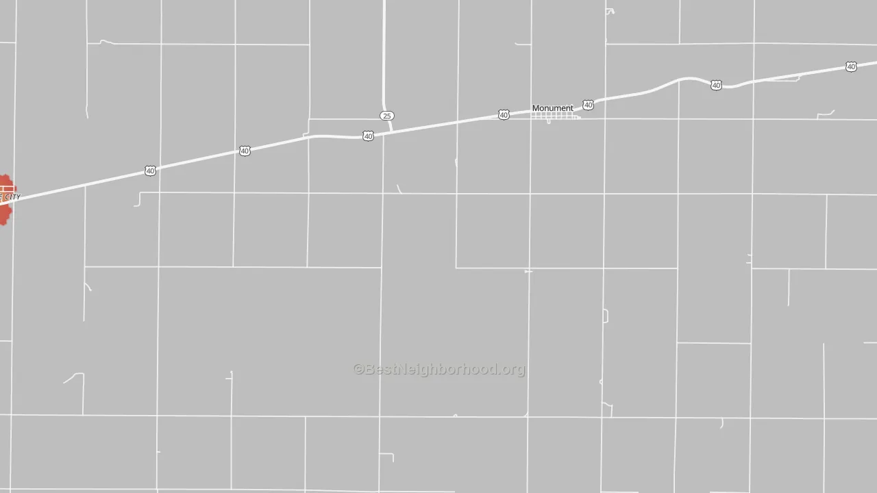 Walk Grade map of 67747, KS, walkable areas in green and car-dependent areas in red