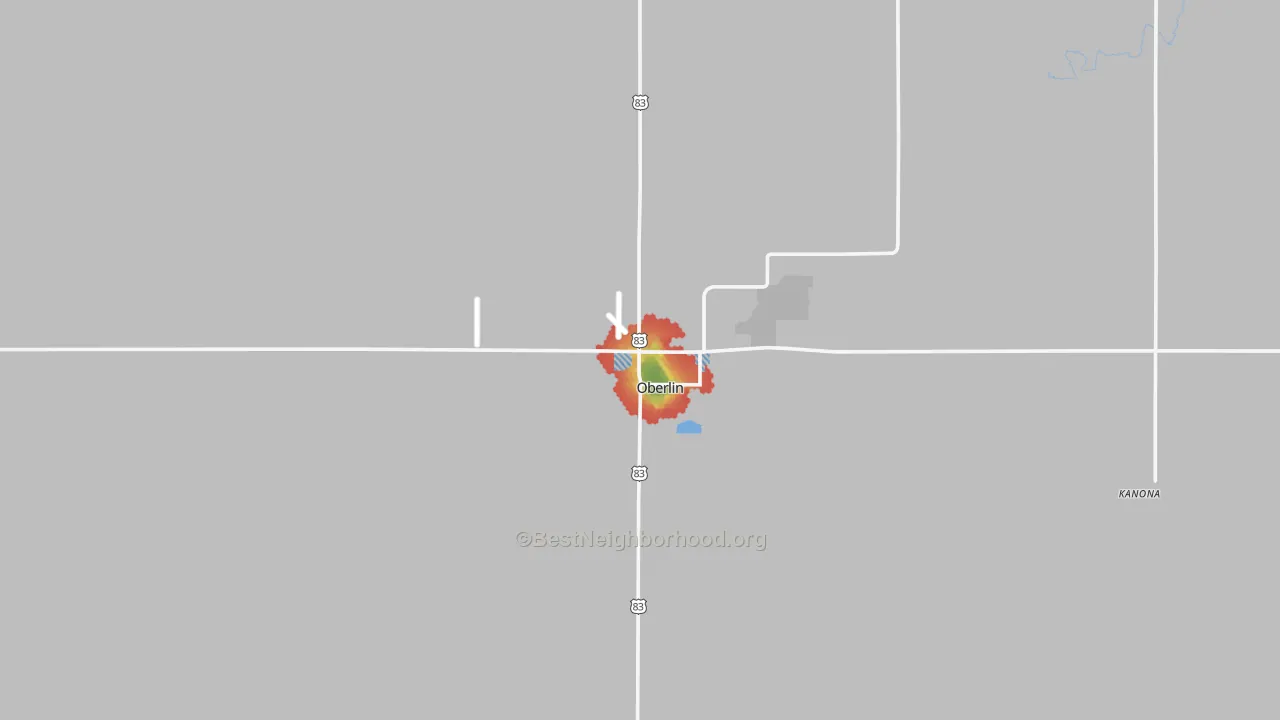 Walk Grade map of 67749, KS, walkable areas in green and car-dependent areas in red