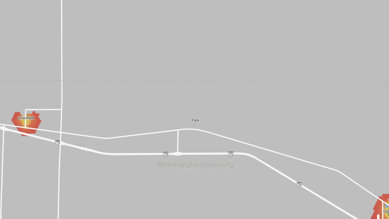 Walk Grade map of 67751, KS, walkable areas in green and car-dependent areas in red