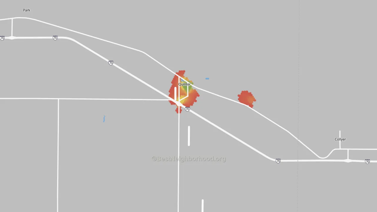 Walk Grade map of 67752, KS, walkable areas in green and car-dependent areas in red