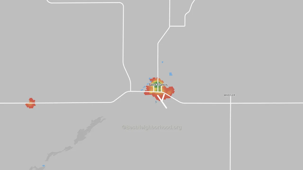 Walk Grade map of 67756, KS, walkable areas in green and car-dependent areas in red