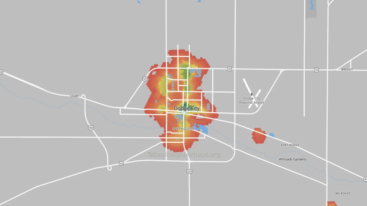 Walk Grade map of 67801, KS, walkable areas in green and car-dependent areas in red