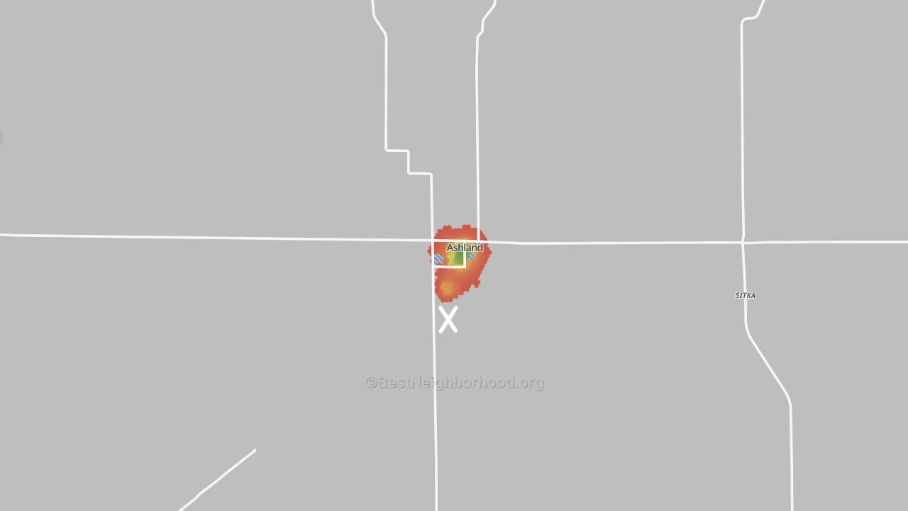 Walk Grade map of 67831, KS, walkable areas in green and car-dependent areas in red
