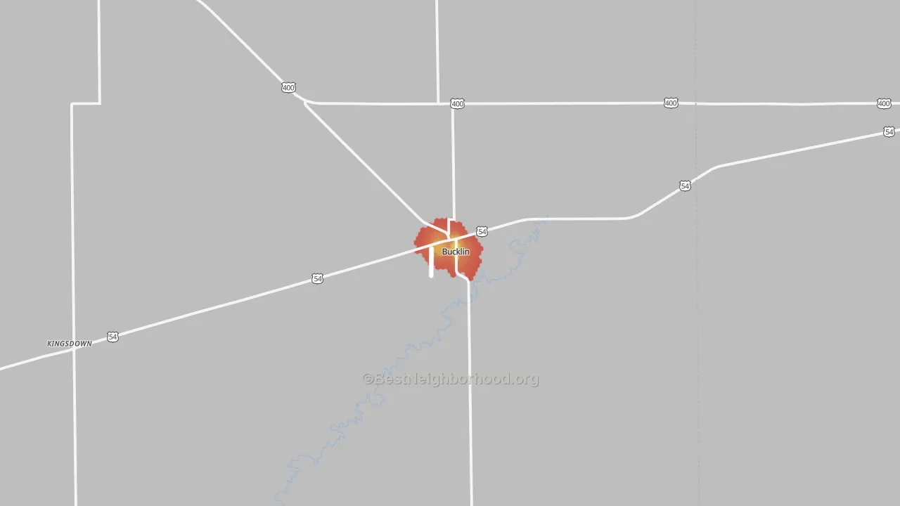 Walk Grade map of 67834, KS, walkable areas in green and car-dependent areas in red