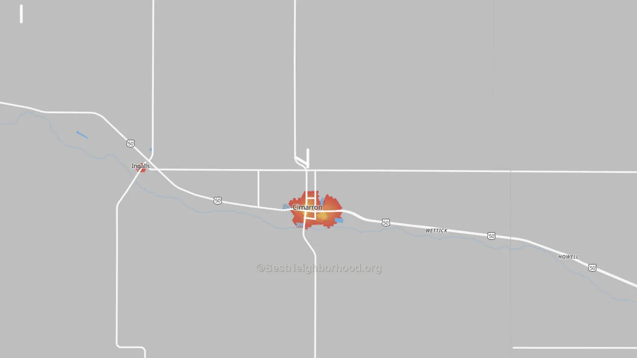 Walk Grade map of 67835, KS, walkable areas in green and car-dependent areas in red