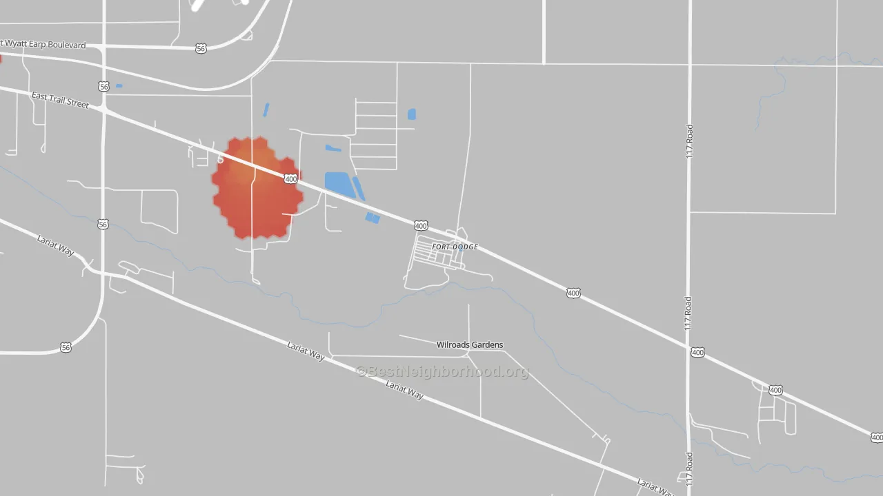 Walk Grade map of 67843, KS, walkable areas in green and car-dependent areas in red