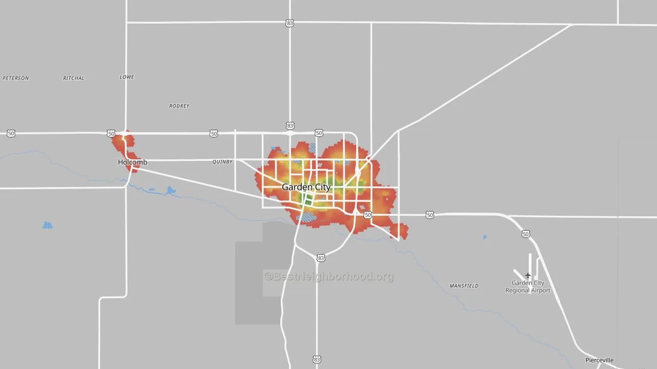 Walk Grade map of 67846, KS, walkable areas in green and car-dependent areas in red