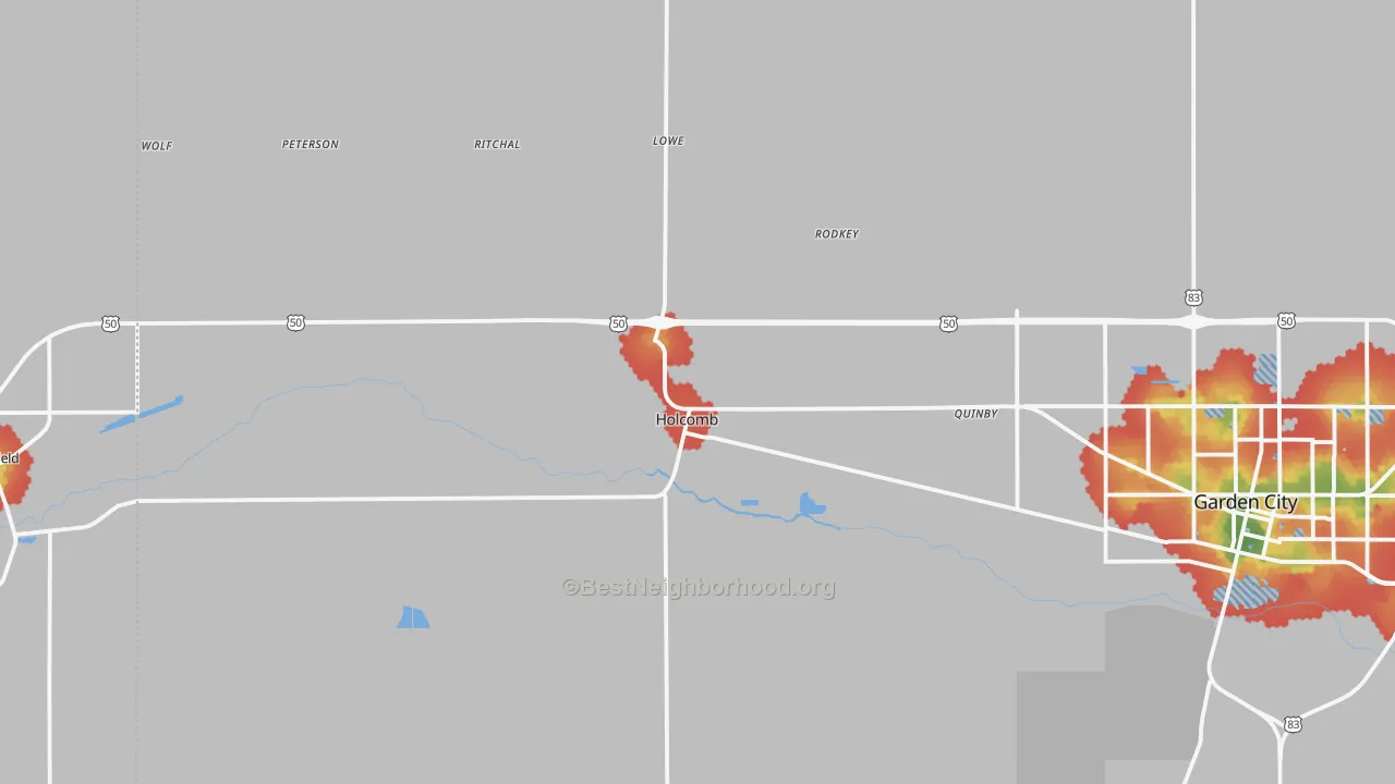 Walk Grade map of 67851, KS, walkable areas in green and car-dependent areas in red