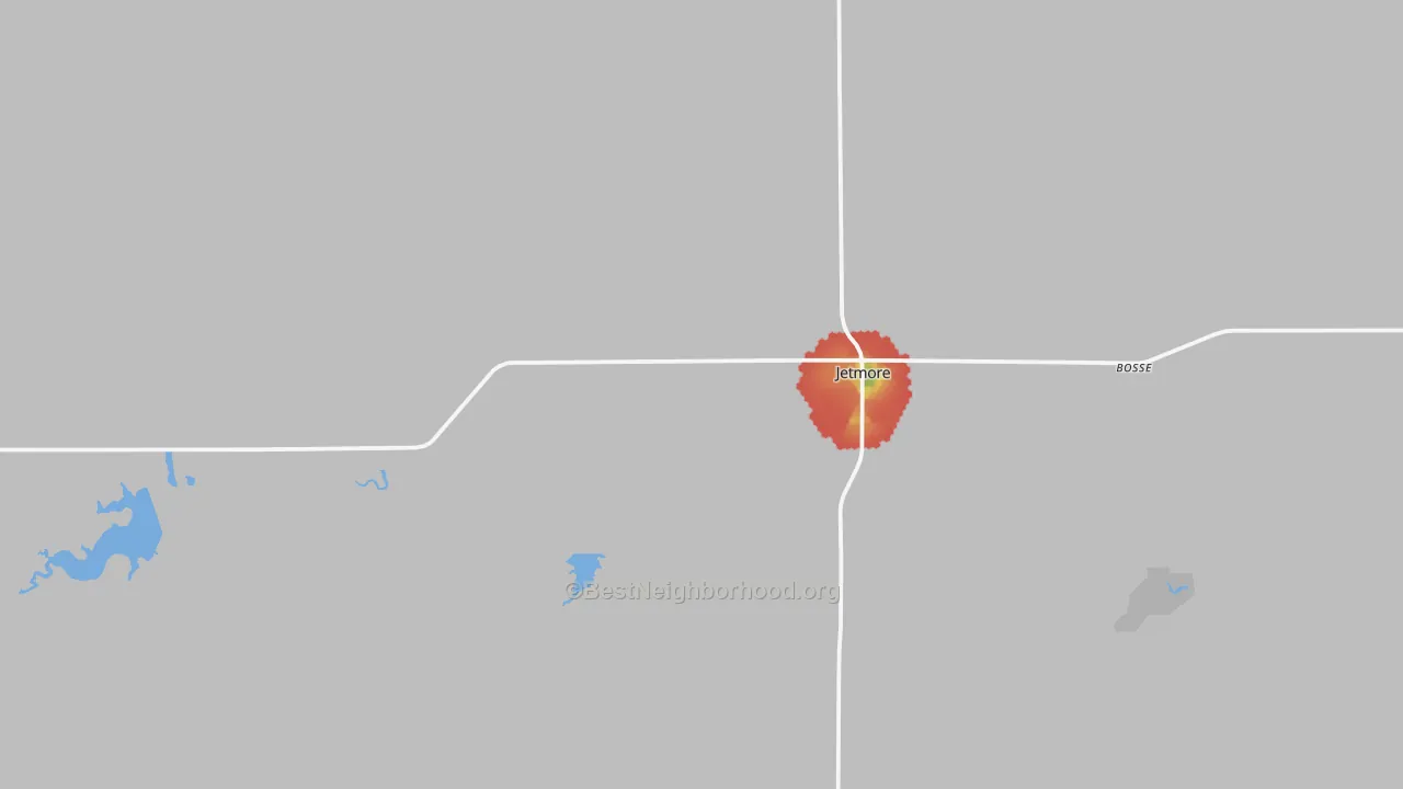 Walk Grade map of 67854, KS, walkable areas in green and car-dependent areas in red