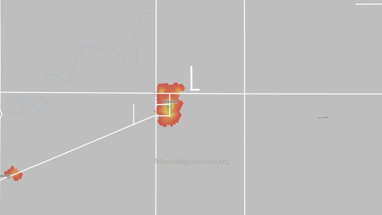 Walk Grade map of 67855, KS, walkable areas in green and car-dependent areas in red