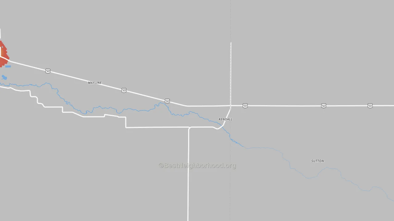 Walk Grade map of 67857, KS, walkable areas in green and car-dependent areas in red