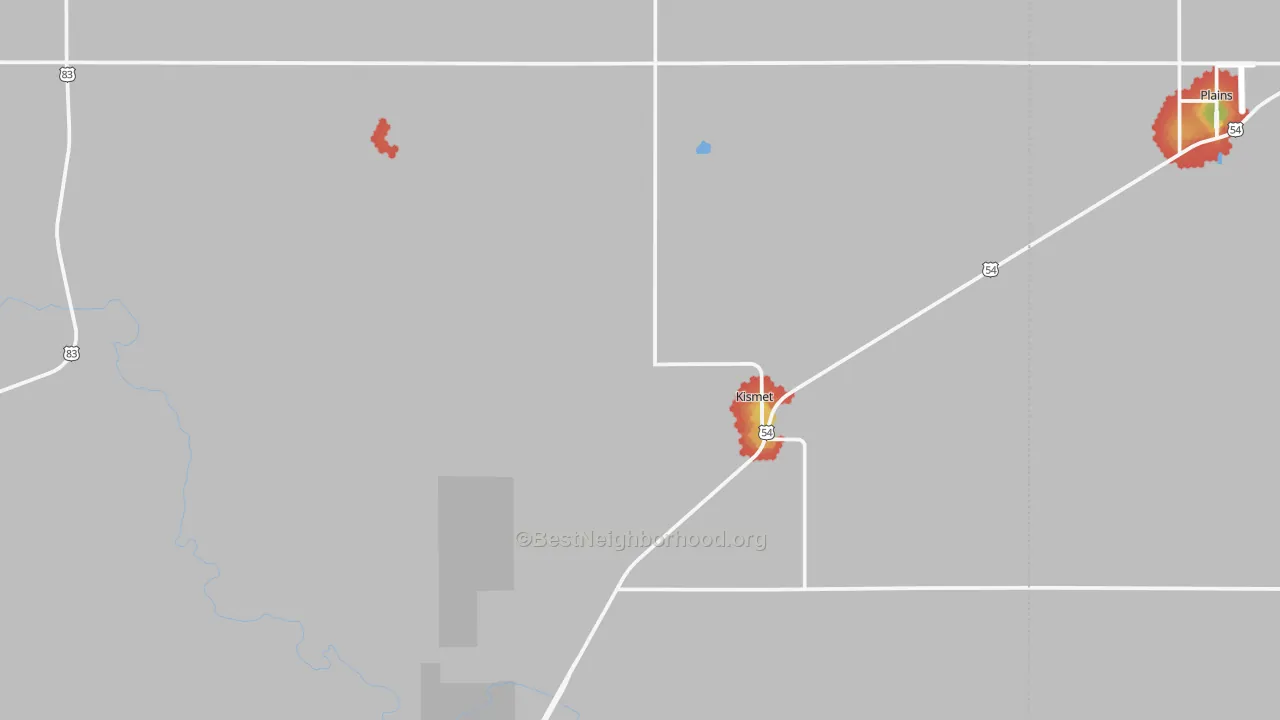Walk Grade map of 67859, KS, walkable areas in green and car-dependent areas in red