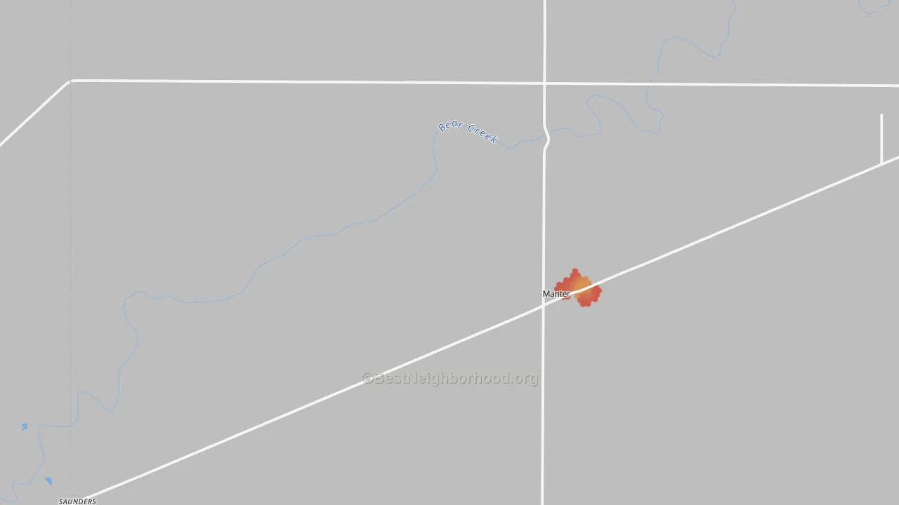 Walk Grade map of 67862, KS, walkable areas in green and car-dependent areas in red