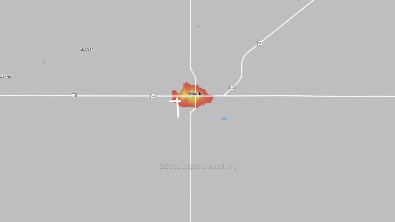 Walk Grade map of 67864, KS, walkable areas in green and car-dependent areas in red
