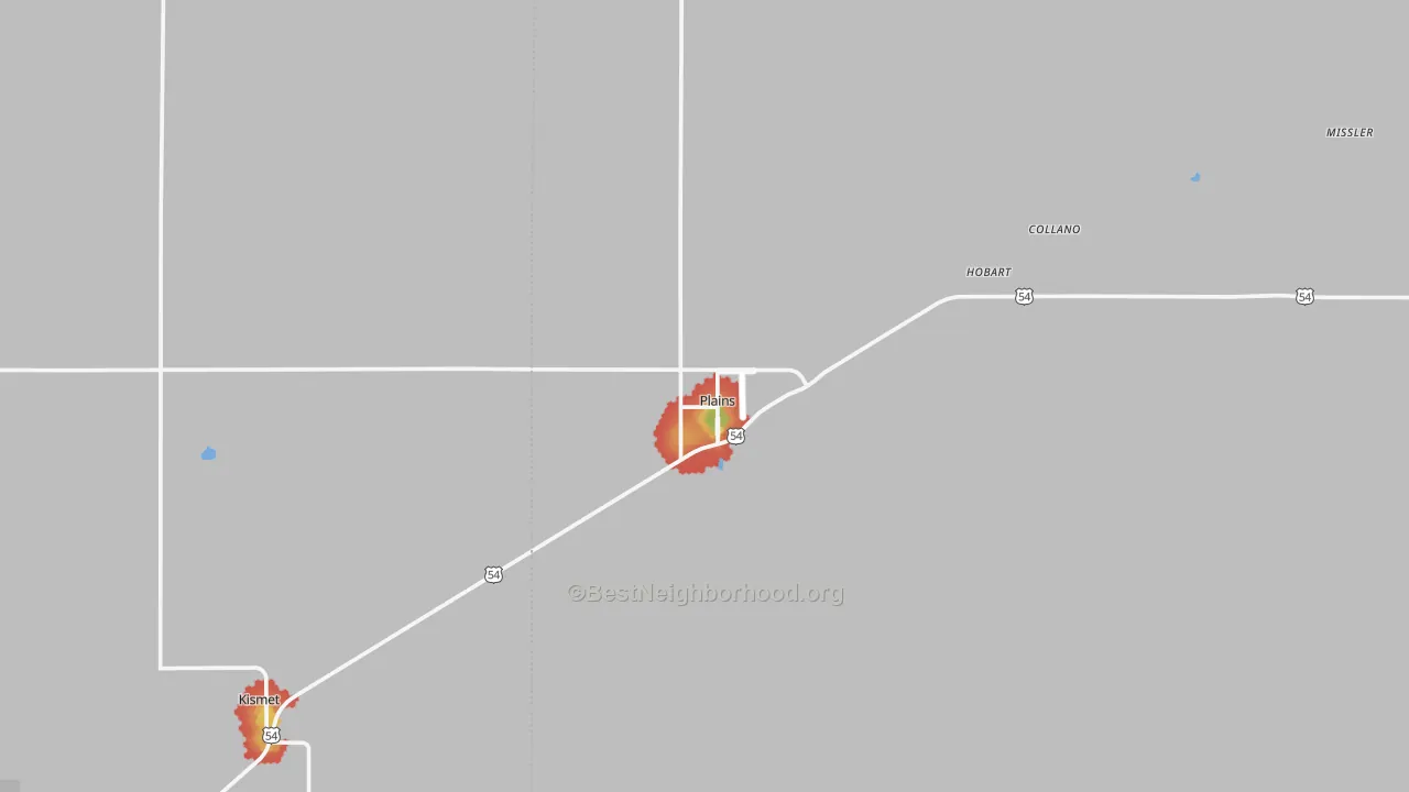 Walk Grade map of 67869, KS, walkable areas in green and car-dependent areas in red