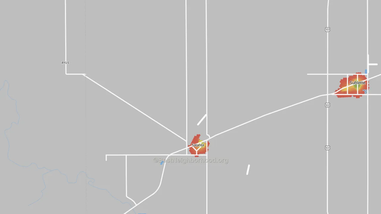 Walk Grade map of 67870, KS, walkable areas in green and car-dependent areas in red